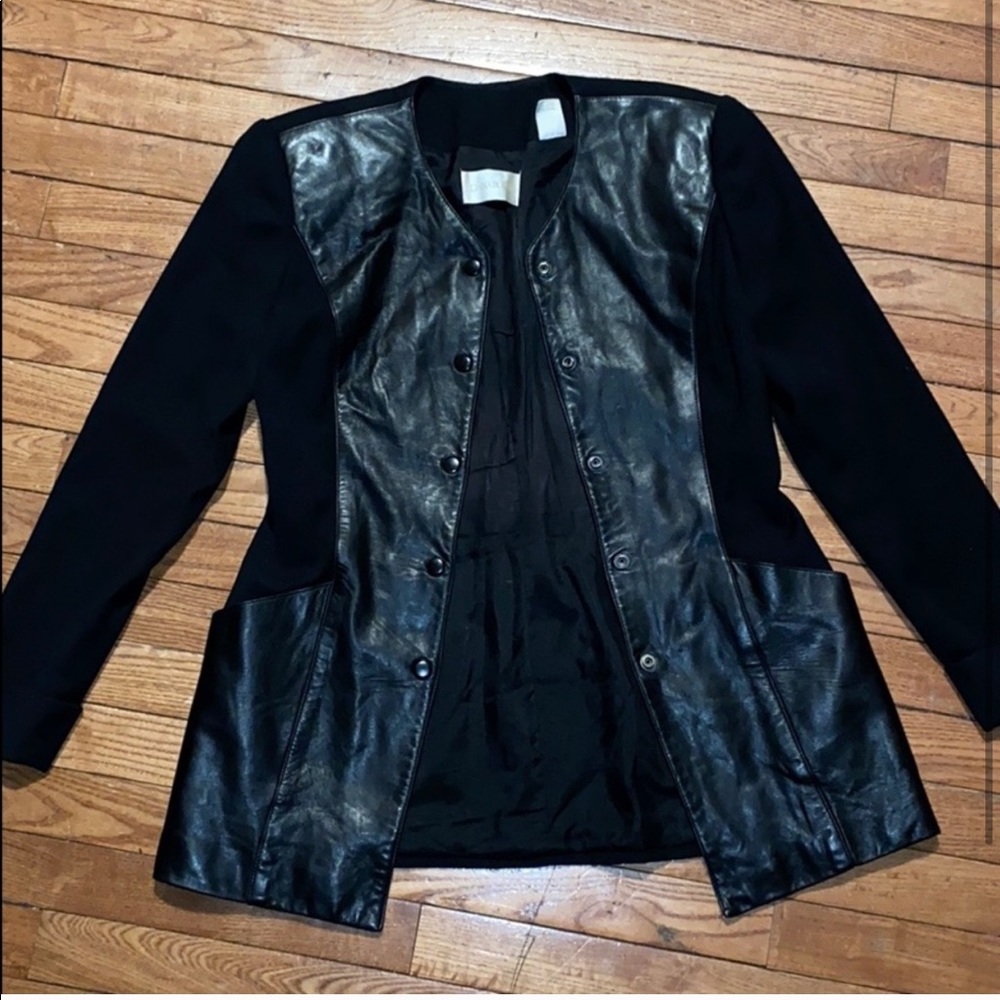 Black thrifted jacket with leather front